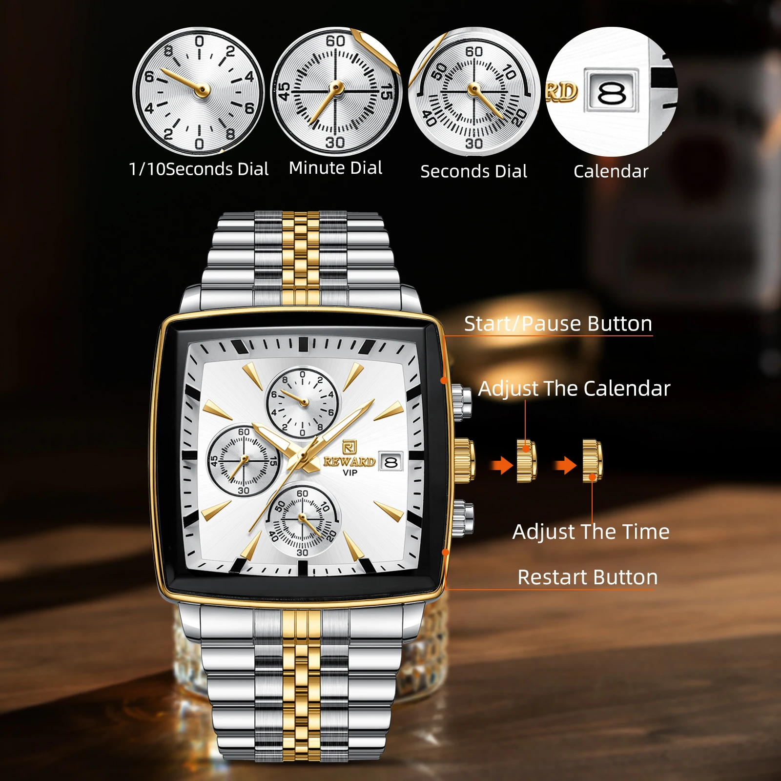 New REWARD VIP Watches Man Stainless Steel Wristwatch for Men Fashion Sports Waterproof Watch with Luminous Chronograph Date