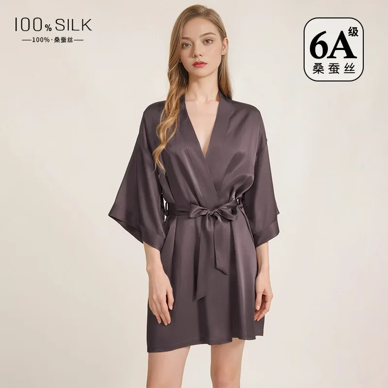 Women Pure Mulberry Silk Bathrobe Elegant Long Sleeve Kimono Nightgown Loungewear Sleepwear Robe with Waist Belt