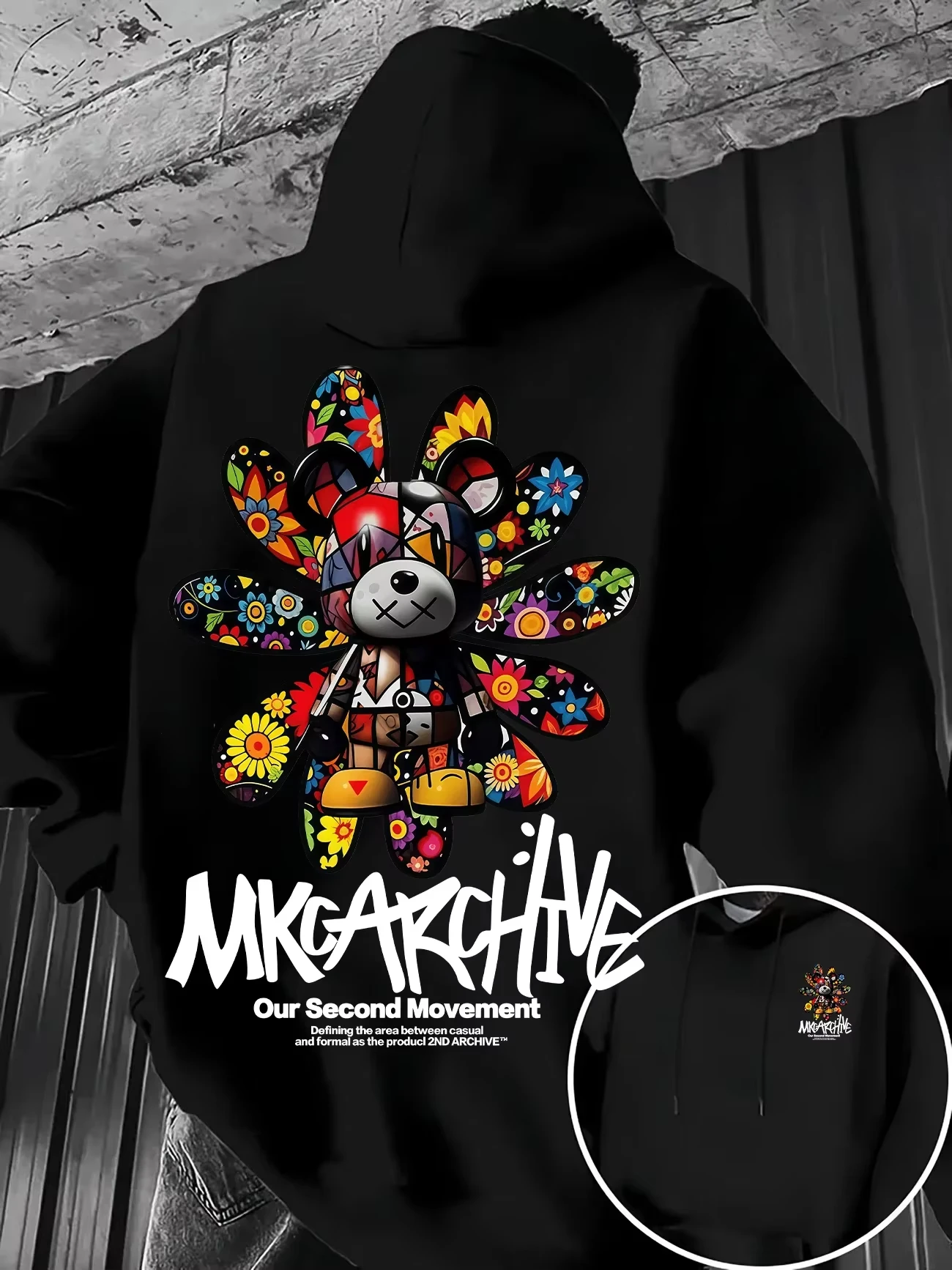 Herren-Freizeit-Sweatshirt mit Kapuze, bunter Pullover mit Blumen- und Bären-Graffiti-Print, warmes, lockeres Streetwear-Oberteil für Herbst und Winter, ideal für den Außenbereich. – Detail 9