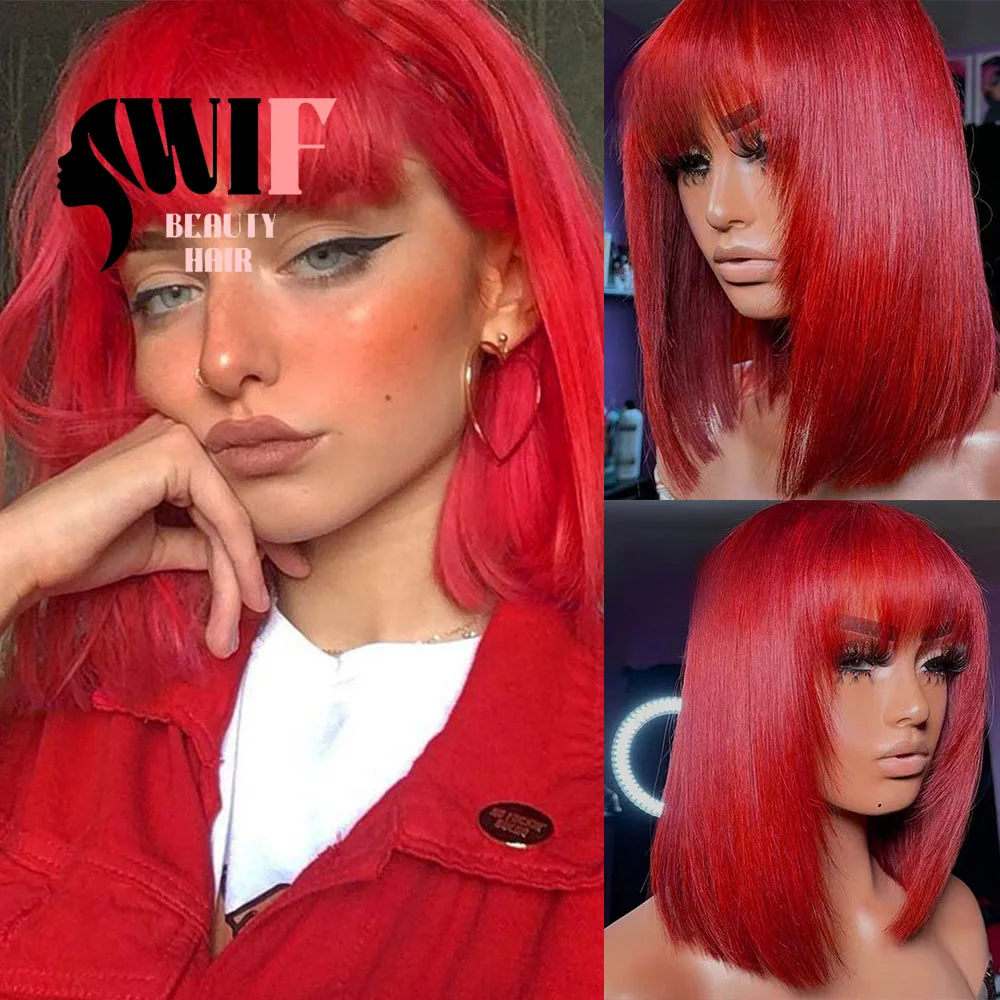 

WIF Red Bob Short Straight Hair Synthetic Lace Wig Silk Straight Bob with Bangs Red Hair Lace Front Wigs Cosplay Makeup Use