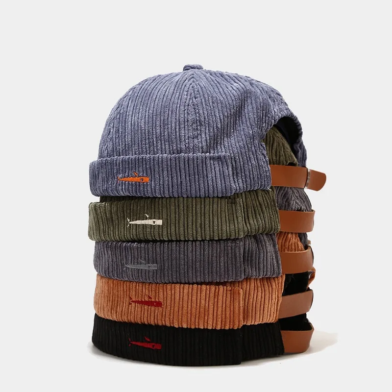 

New Spring Autumn Corduroy Brimless Docker Hat Embroidery Fish Dome Hats Adjustable Streetwear Solid Color Retro Winter Warm Hat
