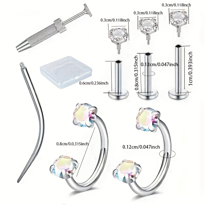 16G Horseshoe Nose Ring - 2D Flat Back Earrings with Internal Threaded Piercing Taper and Grabber Tool - Lip Ring Earring