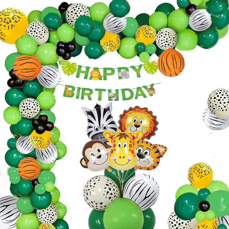 

100pcs Jungle Safari Theme Birthday Party Decor Balloon Garland Tropical Hawaiian For Kid Boy Birthday Party Decor with banner