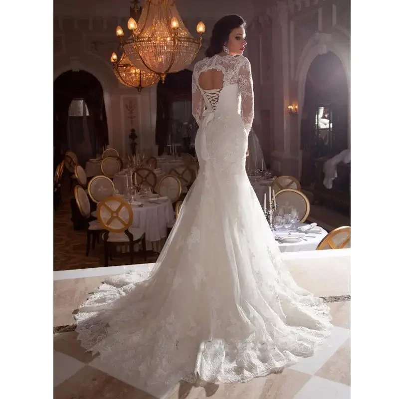 Robe de Mariée Sirène en Dentelle Perlée à Manches sulf, Superbe Tenue Personnalisée avec Ceinture Citroën, pour Patients