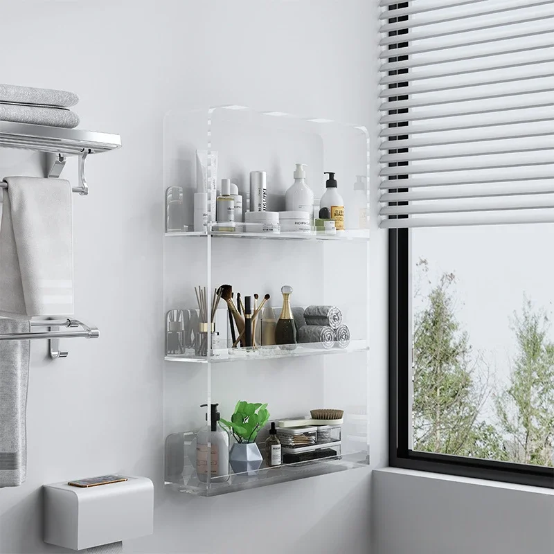 Light luxury multi-layer bathroom, storage shelves, wall home toilet, transparent bathroom, waterproof cosmetics, storage rack