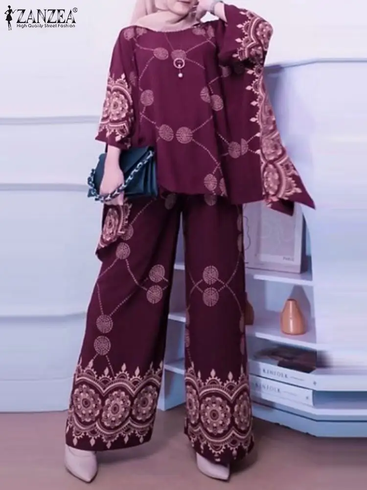 

ZANZEA Vintage Matching Sets 2pcs Women Summer Muslim Sets Flare Sleeve Blouse Wide Leg Pants Suits Loose Floral Printed Outifit