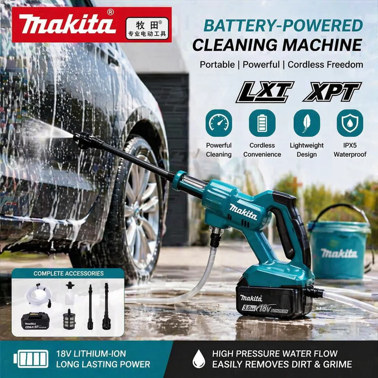 

Makita Battery 18V Portable Car Wash Gun High Pressure Cleaner DHW180 Outdoor Multifunctional 5 Spray Modes