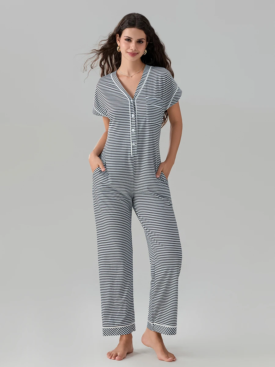 Pyjama boutonné à col en V pour femme, combinaison rayée, manches courtes, poches, coupe décontractée, confortable, doux