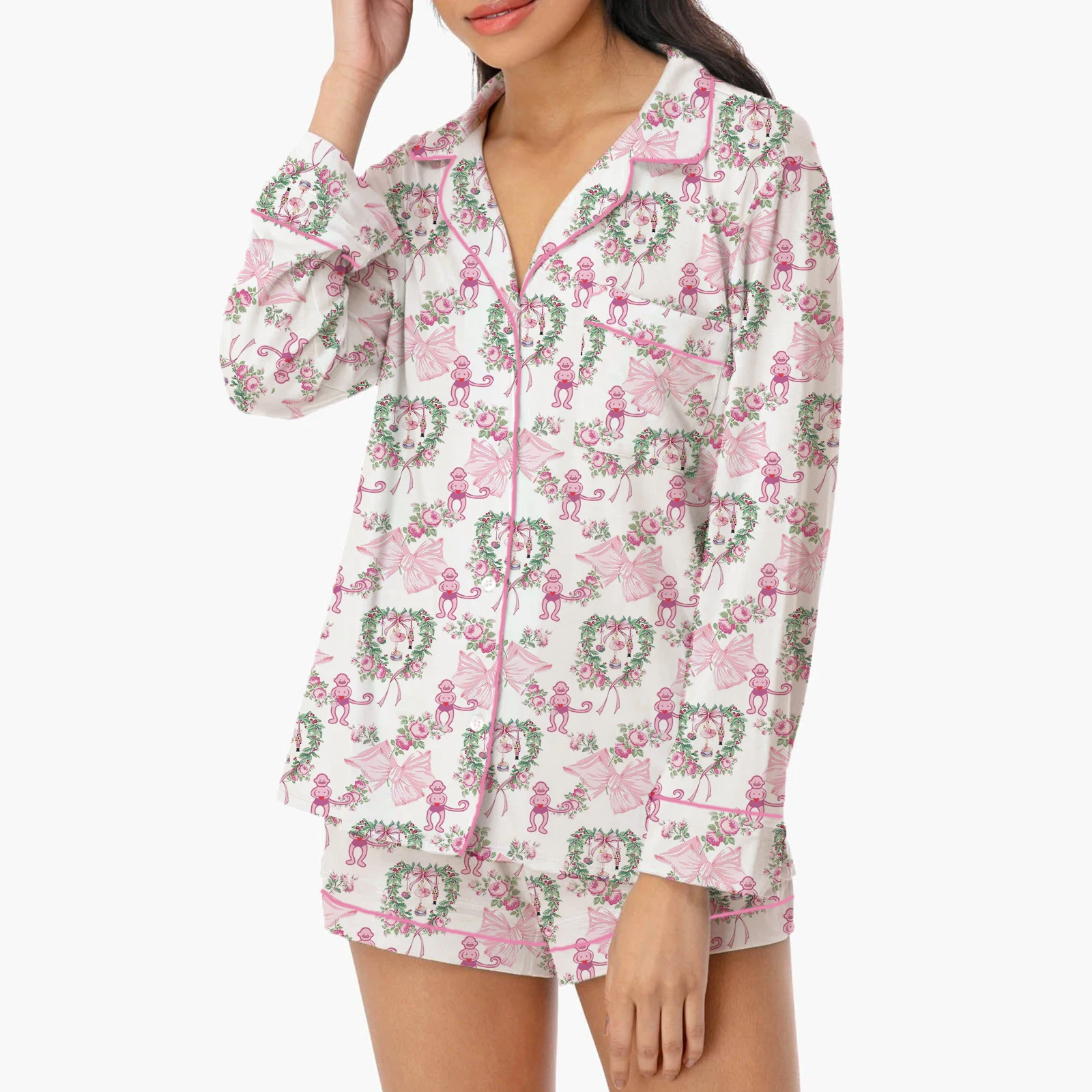 HEZIOWYUN Women's 2 Piece Floral Bow Monkey Print Loungewear Pajamas Set Long Sleeve Lapel Button Up Tops with Shorts Sleepwear