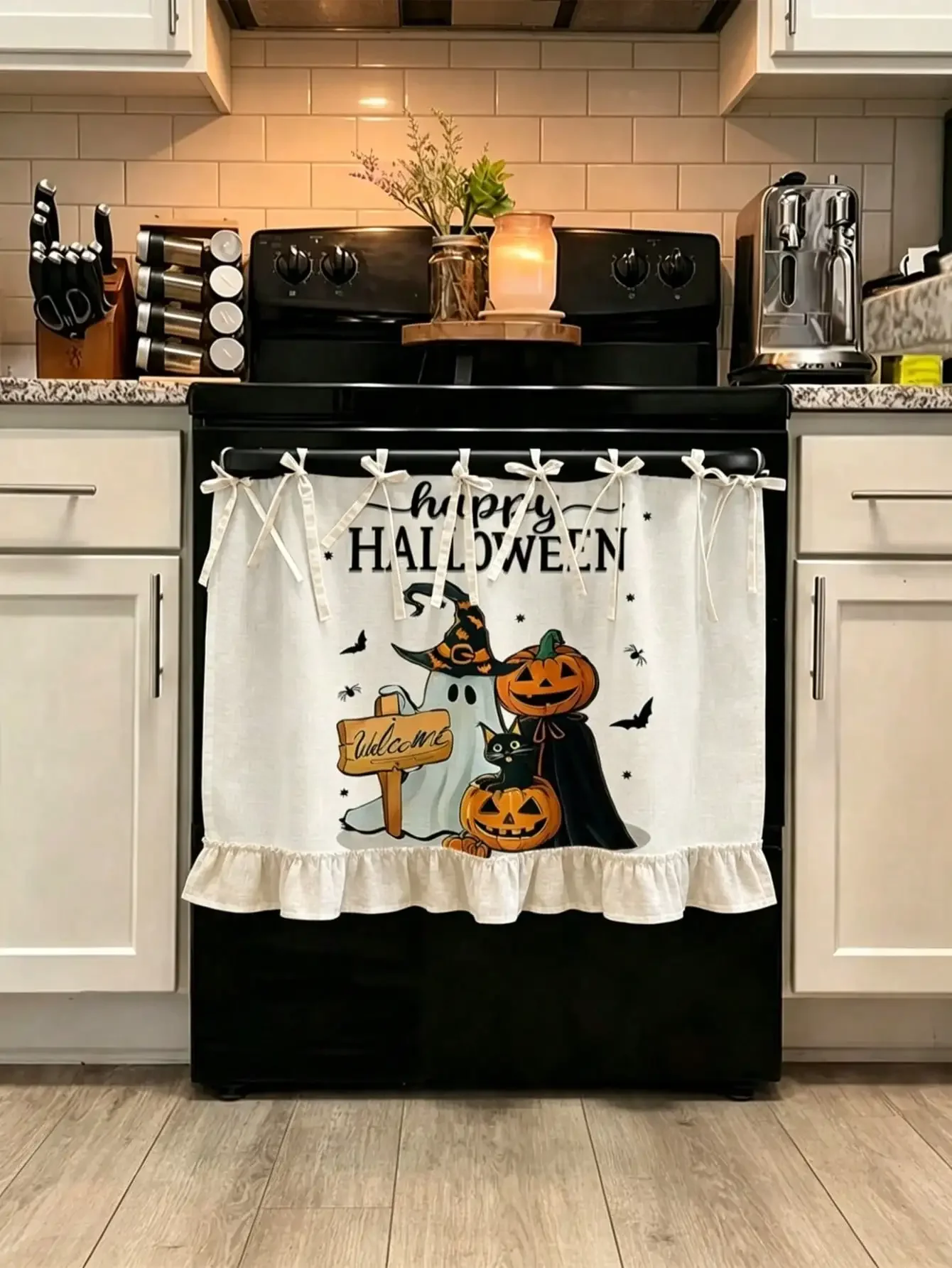 2D Halloween Style, Kitchen Decor, Multifunctional Oven Protective Curtain, Happy Halloween Ghost Pumpkin Cat Pattern, With Ruffled Hem And Tie Strings, For Home Kitchen Stove Cover, Kitchen Apron, Aprons For Women, Halloween Decor