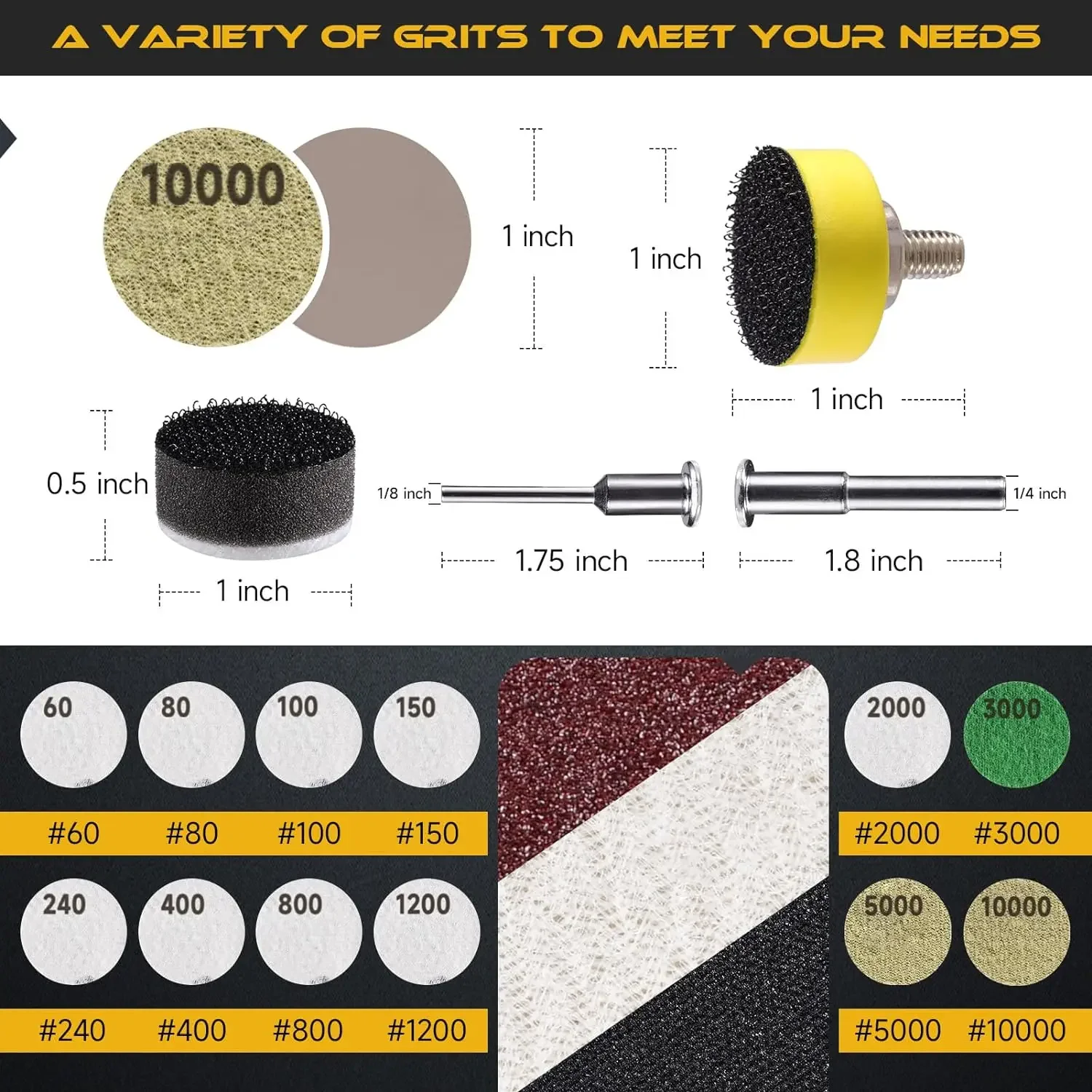 1 Inch Hook and Loop Sandpaper 364PCS with Backing Pad and Soft Foam Buffering Pad for Polishing Wood Metal Mirror Jewelry Car ﻿