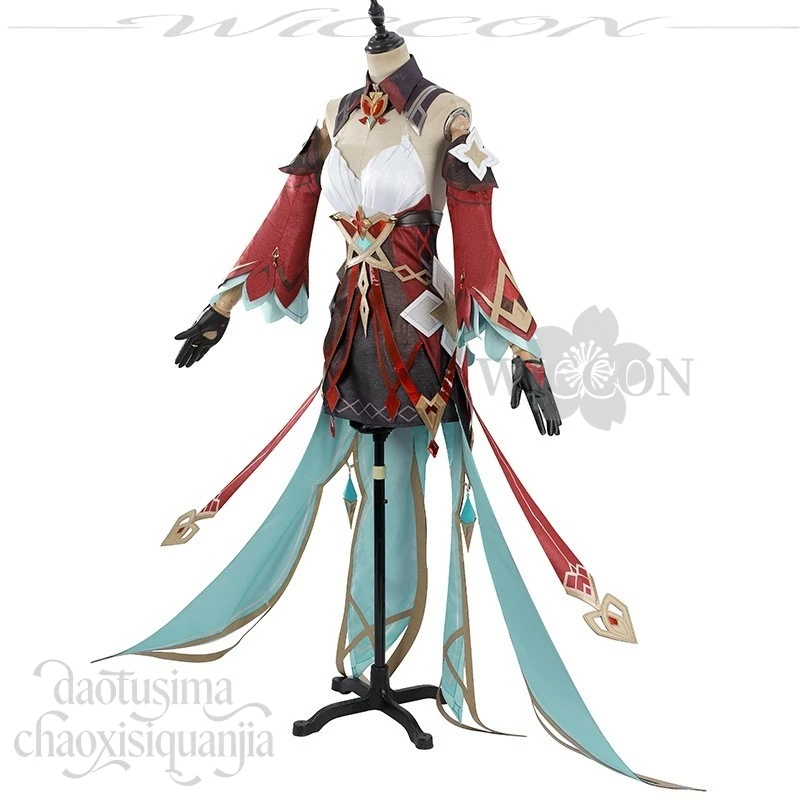 أليس تأثيري أنيمي لعبة Genshin تأثير زي قبعة الساحرة موحدة مقطورة طويلة مثير فستان أحمر الكرتون الباروكات هالوين عيد الميلاد