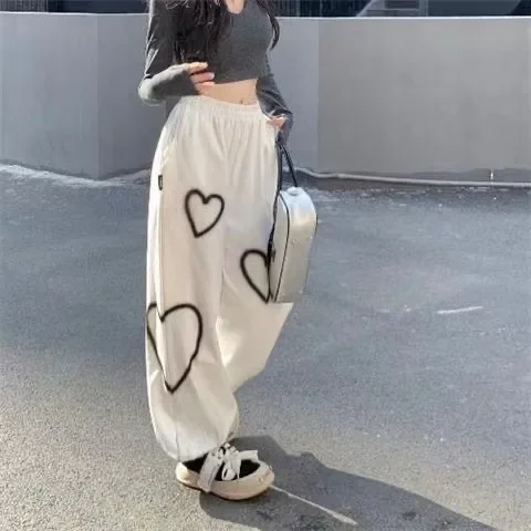 

High Quality Heart Printing Casual Pants Women Bf Cotton Vintage Loose Straight Jogging Pants Fashion Hip Hop Streetwear