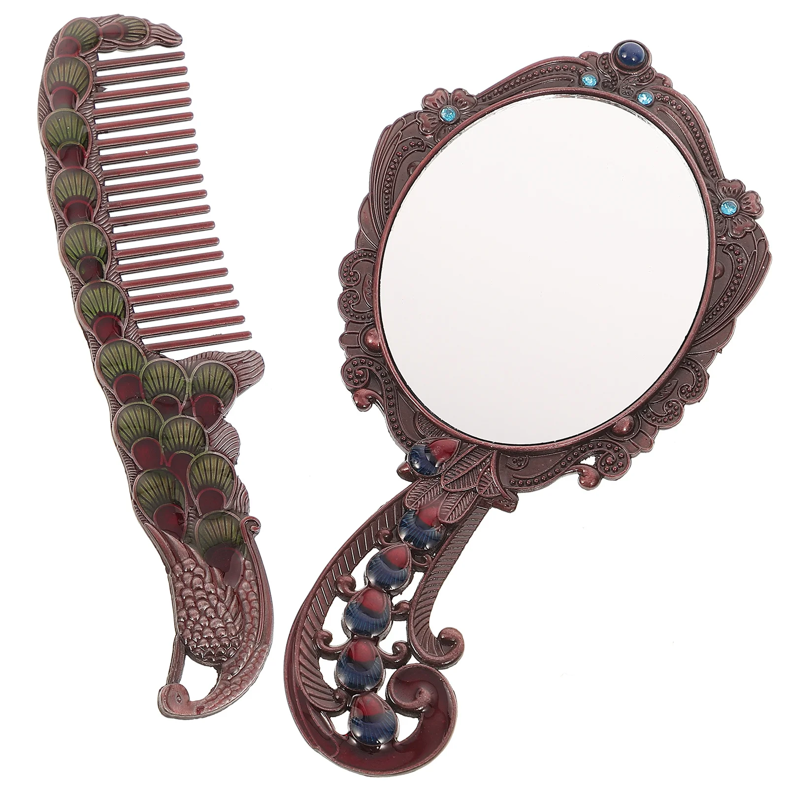 1Set Make-upspiegelset Vintage Handspiegel met Kam Draagbaar Kappersgereedschap voor Reizen School Gym Portemonnee