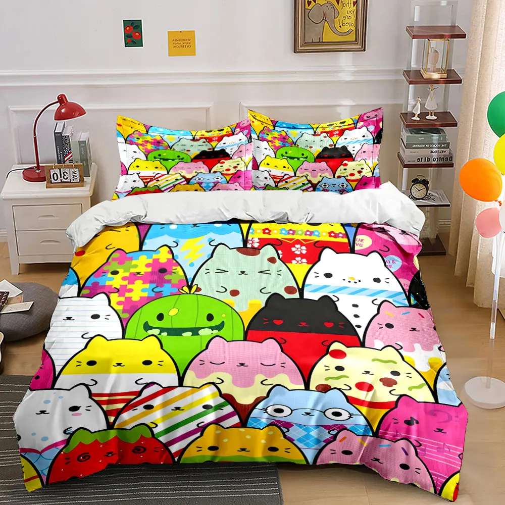 3Pcs Cute Multi-pattern Chubby Cat Bedding Set, Kawaii Cartoon Kitty Repeat Print Duvet Cover 2 Pillowcases King Queen, Gift