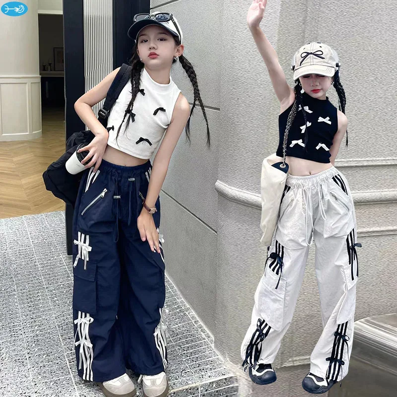 

2024 Summer New Fashionable Bow Tie Inner Stripe Bow Casual Pants Set for Girls' High School Children