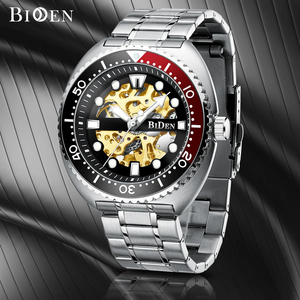 BIDEN Men's mechanical watch, stylish hollow out, luminous, waterproof, stainless steel strap, free box