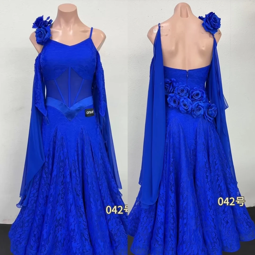 

Платье для соревнований по бальным танцам вальса, королевское синее кружевное длинное платье, костюм для социального танца, платья для выпускного вечера, сценические платья BL18098