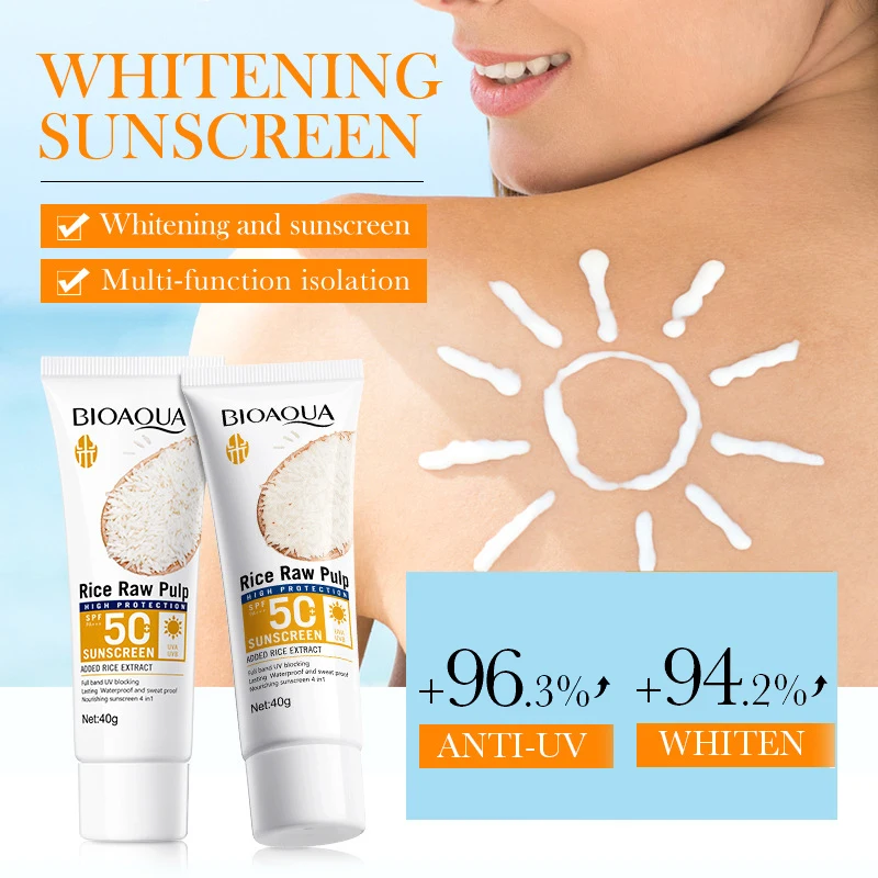 Protector Solar BIOAQUA con Pulpa de Arroz Crudo, FPS 50+, para Rostro, Cuerpo, Cuello y Espalda, Bloqueador Solar, Crema Solar Blanqueadora