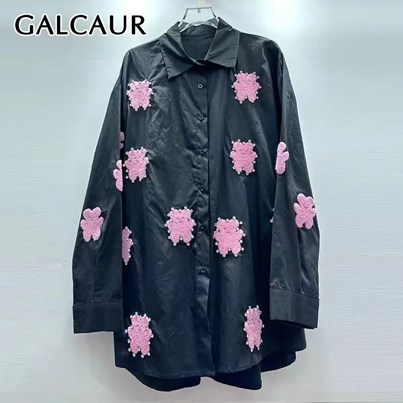 

GALCAUR Hit Color Spliced Appliques Elegant Shirts for Women Lapel Long Sleeves Patchwork Single Breasted Fashion Shirt Femlae