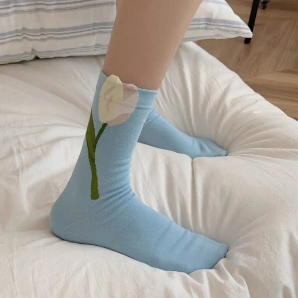 

5 пар модных тонких носков с цветком тюльпана, милые дышащие носки средней длины, женские чулочно-носочные изделия, носки для женщин и девочек
