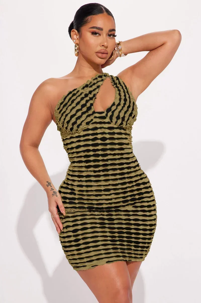 GUWU Een Schouder Uitsparing Mouwloze Gestreepte Midi Bodycon Mini Jurk Vrouwen Sexy Vestidos Mode Avondjurken