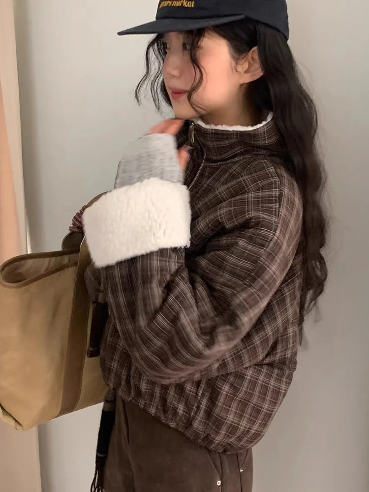 

Thiened Lamb Fur Cotton Jaet Plaid Stripe Splicing Stand Collar Warm Retro Sle Women's Commute Straight Tube Coat