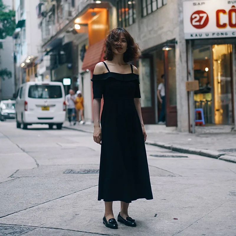 

Original Design One oulder Bla Dr Hepburn Sle Women's Summer Dr Exposing Clavicle High Waist Long Skirt