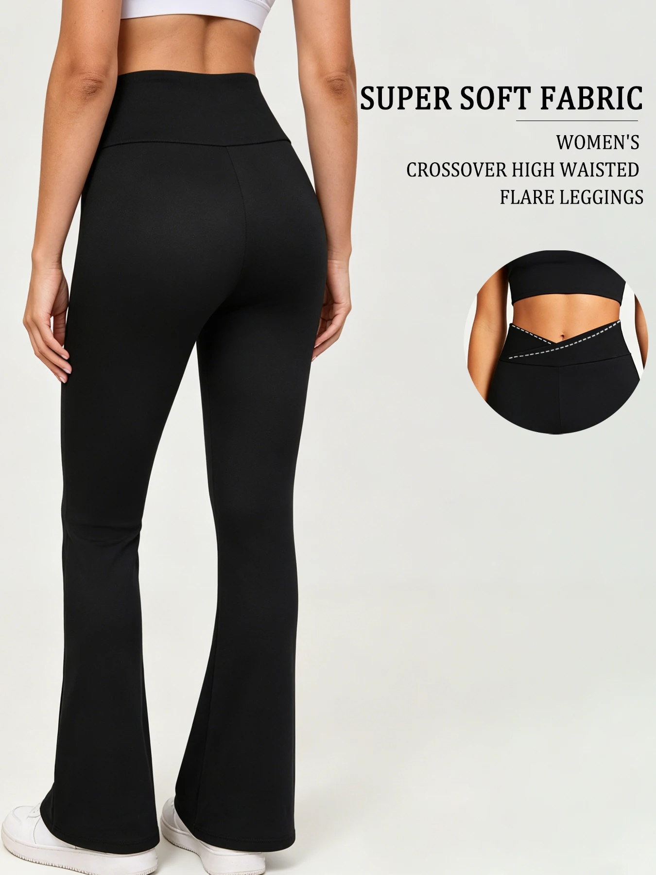 Women's Super Soft Crossover High Waisted Flare Leggings. Tummy Control Yoga Bootleg Bell Bottoms