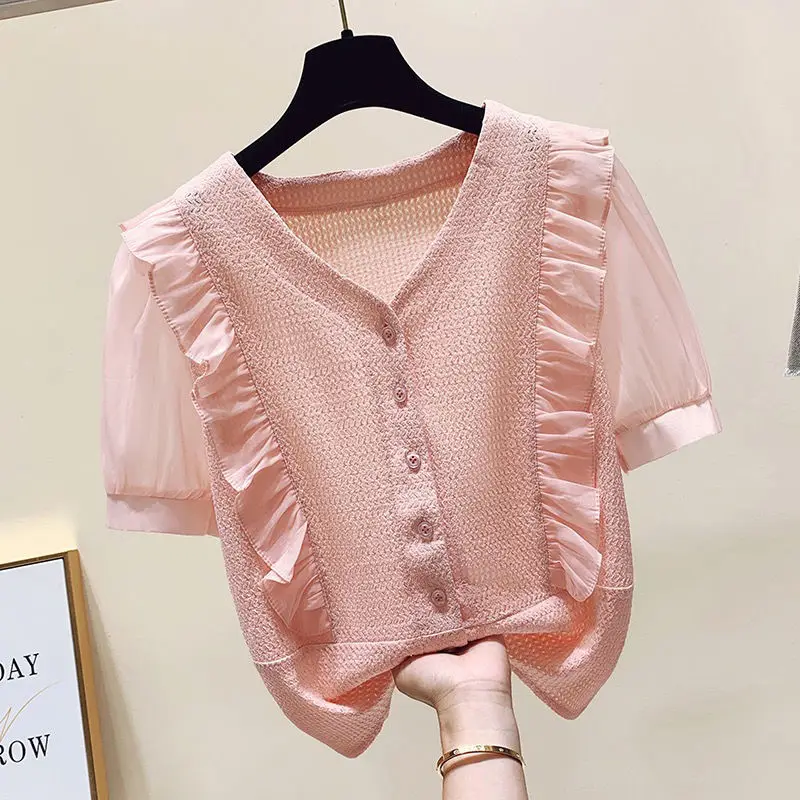 

Summer Bubble Sve V-Ne ort Sve irt Thin Chiffon Women's Top Casual Sle Loose Fit Polyester Fiber