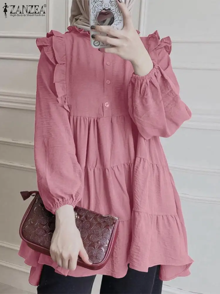 

ZANZEA Fashion Women Blouse Autumn Flounce Hem Shirt Elegant Casual Muslim Ramadan Long Sleeve Ruffles Turkey Tops Loose Blusas