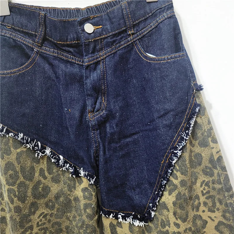 European Trendy Brand Leopard Print Splicing High-waisted Jeans Wide-leg Pants Women Autumn Irregular Casual Straight-leg Pants