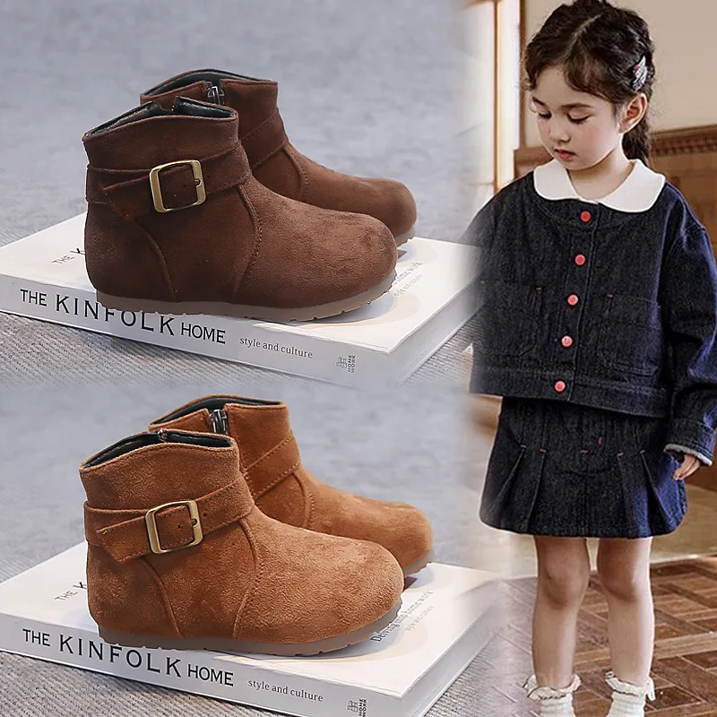 Girls' Korean PU Leather Boots Autumn Winter New Short Boots Flat Bottom Side Zipper Children's British Style Princess Boots