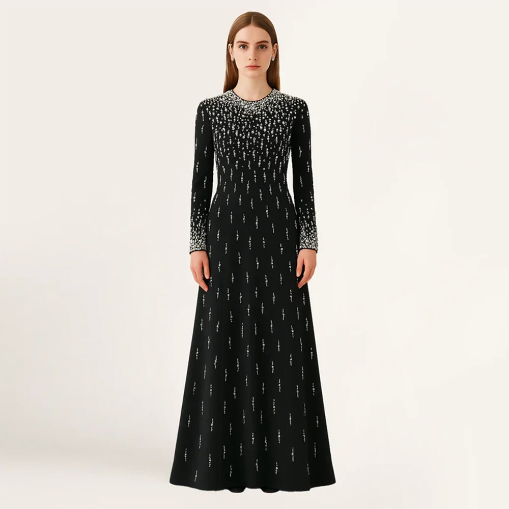 

Женские вечерние платья с круглым вырезом, длинными рукавами, А-силуэта, в пол, на заказ, современные, с модными кристаллами, для вечеринок