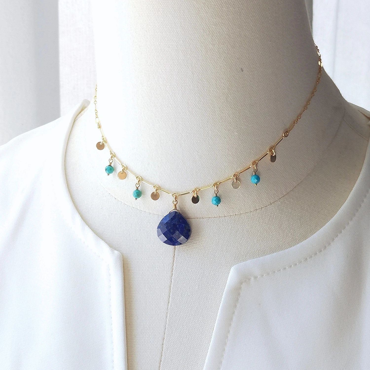 Lii Ji Natural Lapis Lazuli Hubei Turquoise Charms American 14K Gold Filled Chain Necklace For Women Girls  36+5cm