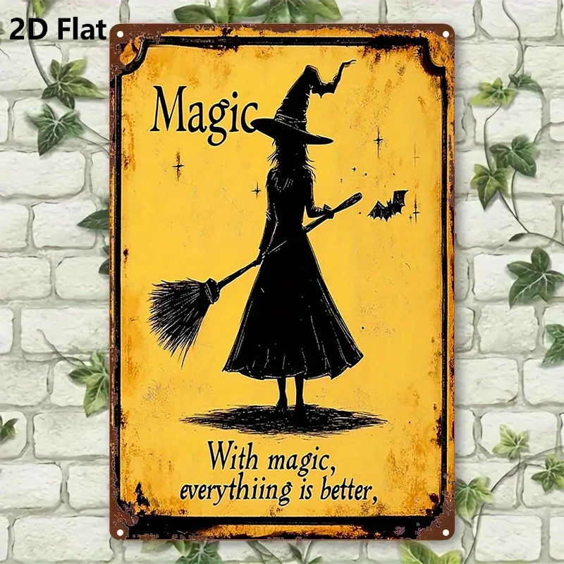 2D Flat, 1pc Vintage Witch on Broomstick Metal Wall Art - Gothic Iron Witchcraft Plaque with Magic Theme, 8x12 Inch (20x30cm) Ea