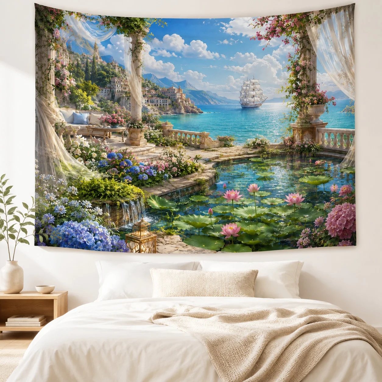 Mediterranean Seaside Garden Tapestry Floral Ocean Landscape Wall Hanging Sailing Ship Wall Decor for Bedroom Living Room Dorm