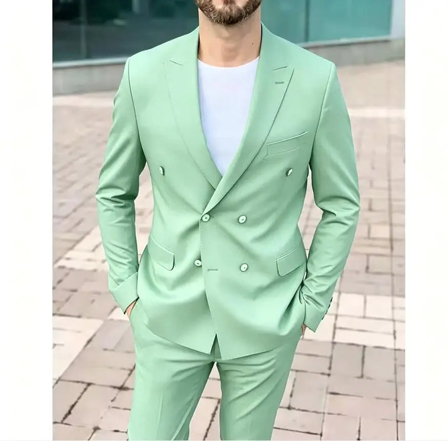 Fashion Peak Lapel Suits for Men 2 Piece Sets Double Breasted Classic Male Suit Slim Business Casual Groom Wedding Formal Tuxedo