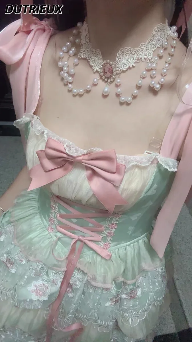 JSK-Robe courte en dentelle dégradée française, vert menthe, Sweet Lolita, taille haute, robes à bretelles de princesse, été, nouveau