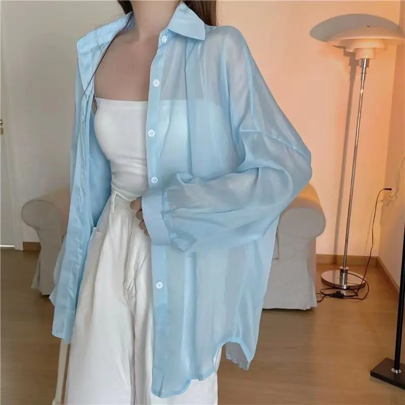 Women Shirt Long Sleeve Top Blouse Female Chiffon Loose Summer Cardigan Thin Sexy Solid Color Casual Shirt Outerwear Прозрачная