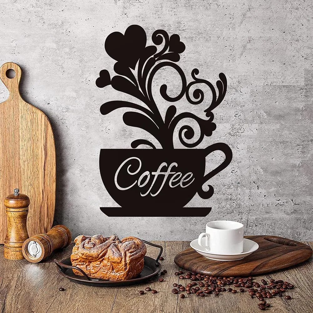 Coffee Cup Metal Hanging Wall Art Signs Black Silhouette Cutout Boards Dining Room Kitchen Cafe Decoration Home Decor