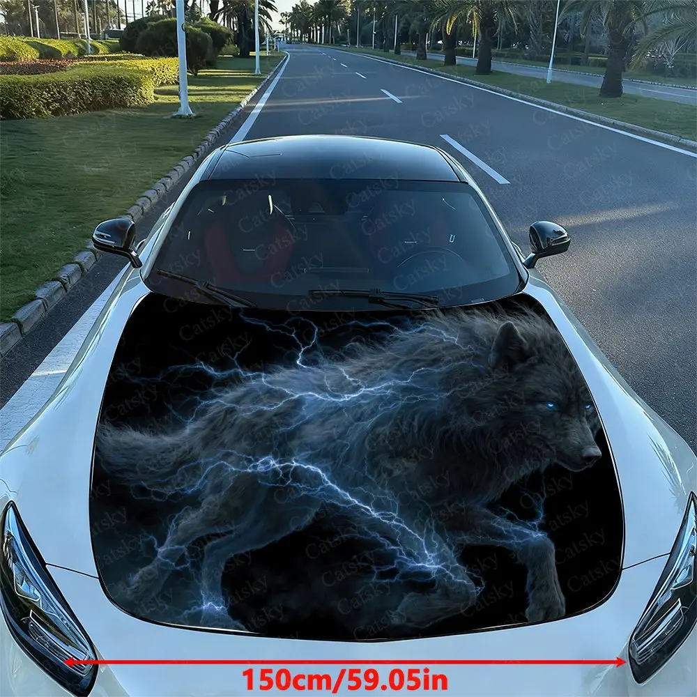 Lightning Black Wolf Print Hood Decal - PVC Material, Racing Car Body Vinyl Sticker, External Modification Decoration For Vehicl