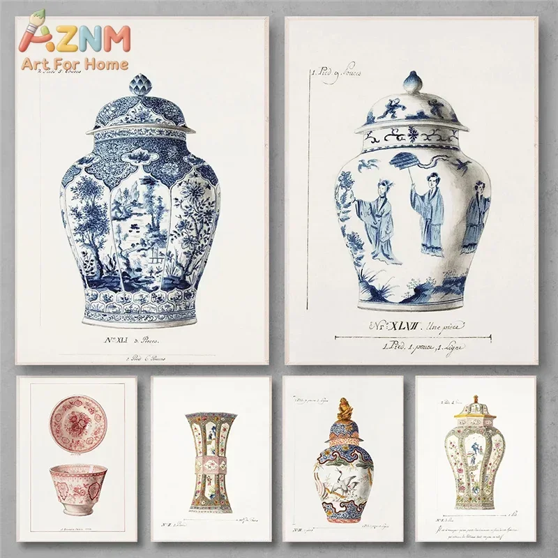 AZNM Vintage Chinese Porcelain Vase Canvas Wall Art, Antique Blue and White Ceramic Pot Print, Unframed Canvas Painting for Livi