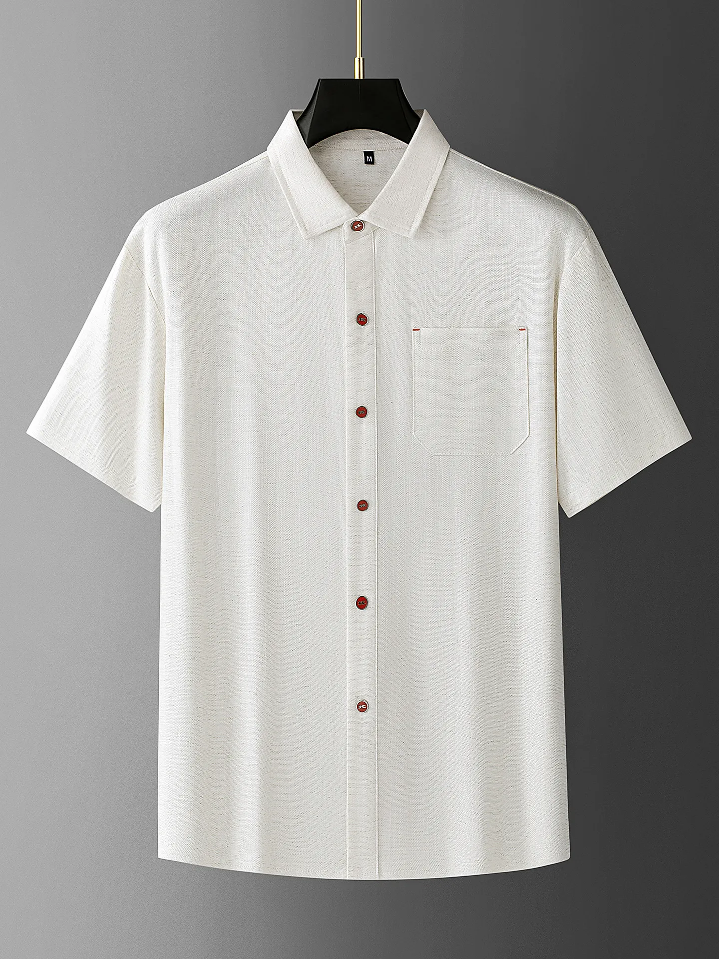 Summer high-end texture relaxed old money style shirt, Tencel linen men's solid-color collarless short-sleeved shirt