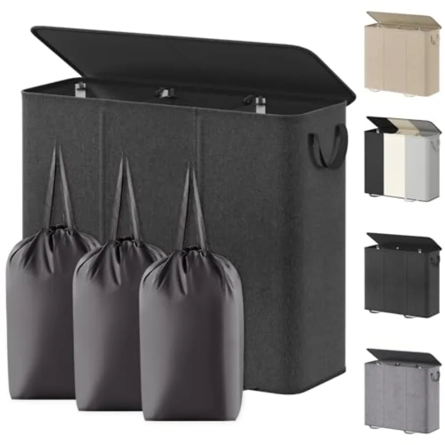 

Тройная корзина для белья с крышкой и съемными мешками, большая складная корзина для грязного белья с 3 отделениями и ручками