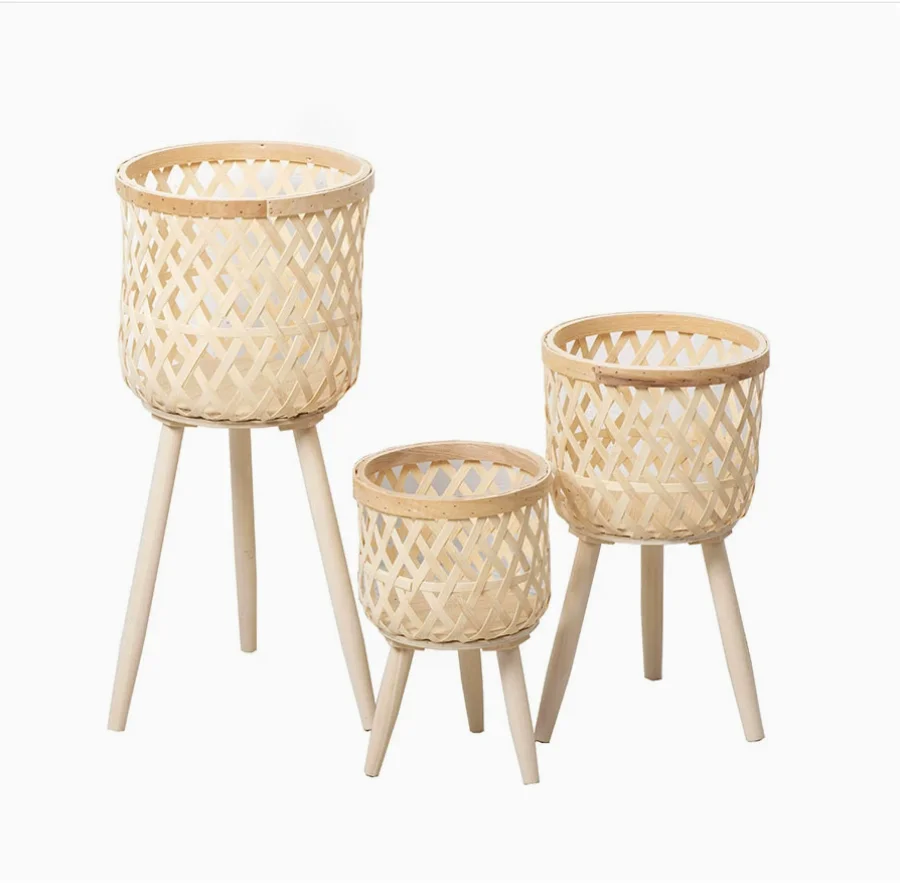 Hand Woven Flower Pot Tripod Stand Rattan Pot Hand-woven Wood Pastoral Flower Baskets for Balcony Planters Home Indoor Decor
