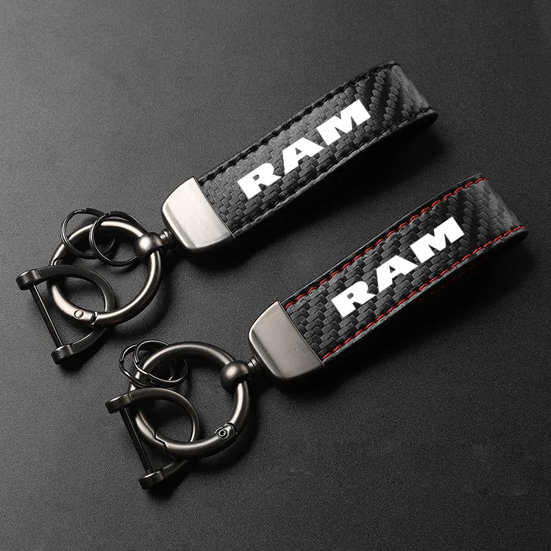 Car Carbon Fiber Leather Keychain Horseshoe Buckle Jewelry for Dodge RAM SRT 1500 2500 3500 Leather Keychain Car Accessories