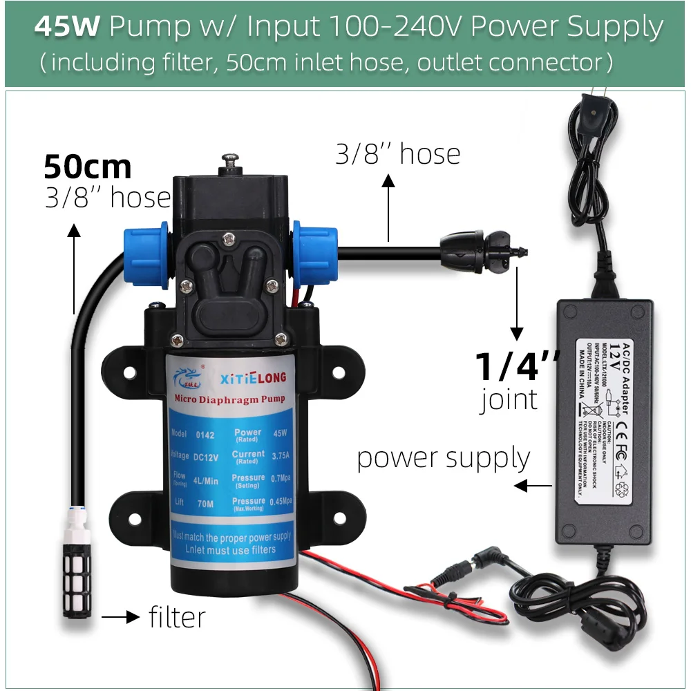 5-50M Garden Misting Nozzles Cooling System 45W Pump Self-Priming Watering Irrigation Automatic Kit with Power Supply Spray