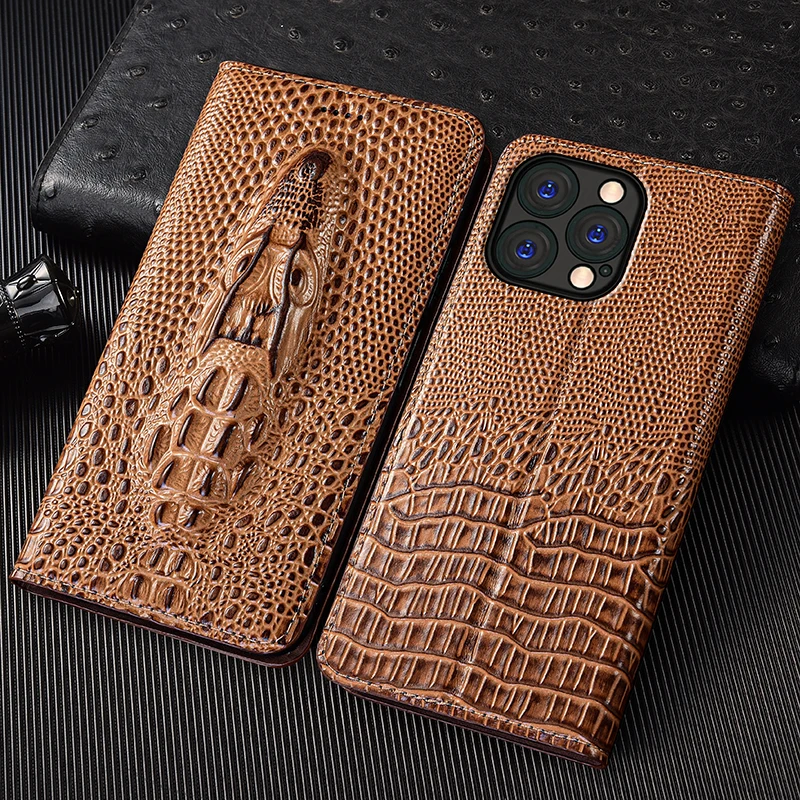 

Crocodile Head Genuine Leather Flip Case For iPhone 6 6S 7 8 X XS XR 11 12 13 14 15 16 17 Pro Max Plus Air Phone Cover Cases