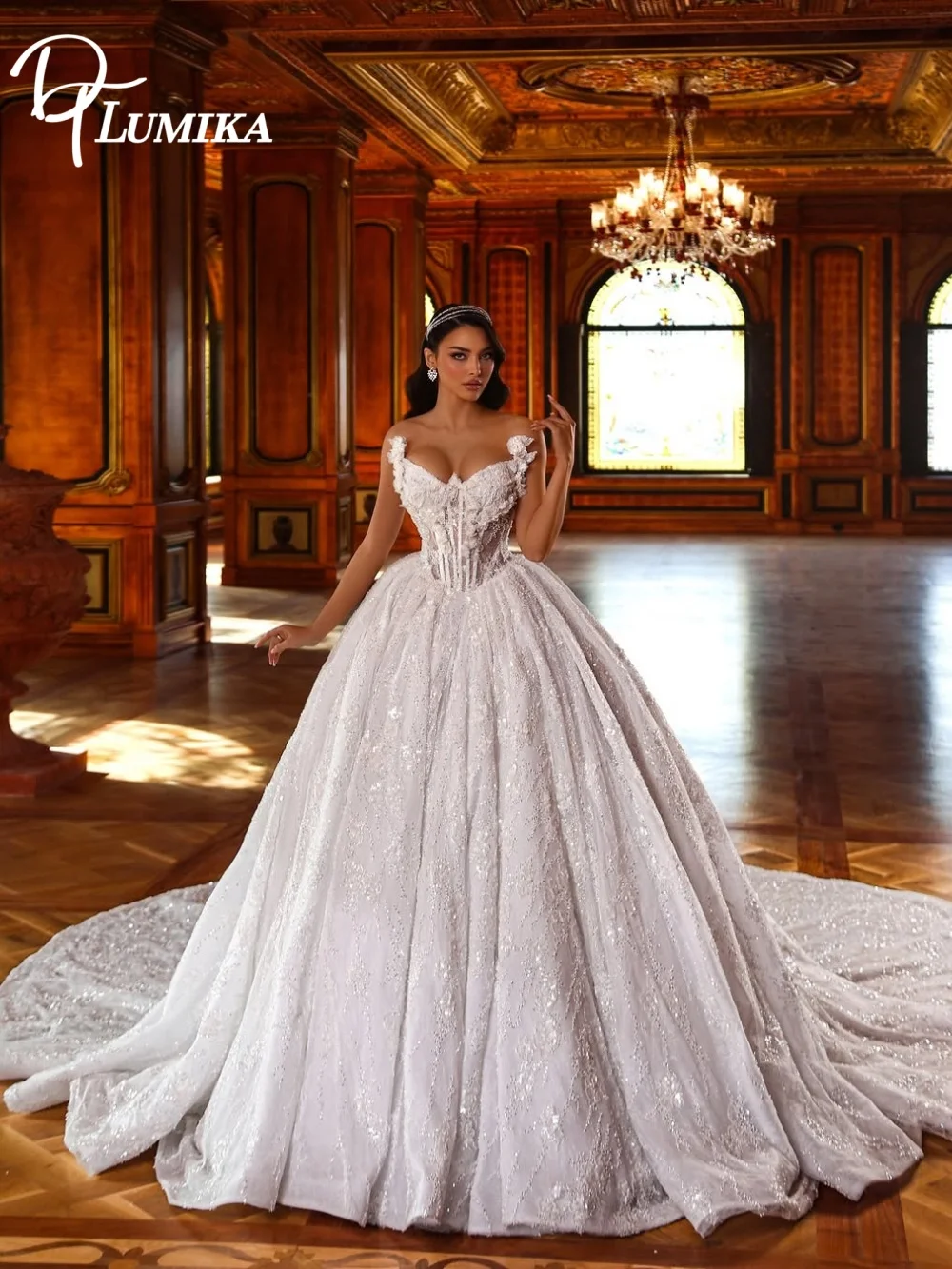 

Luxury Off-the-Shoulder Ball Gown Wedding Dress 3D Floral Appliques Corset Sparkling Lace for Royal Brides Vestidos De Novia